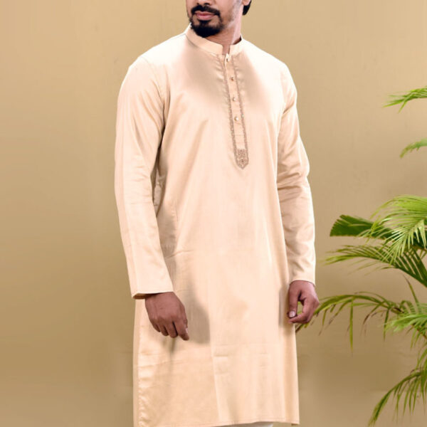 Sand Brown Cotton Embroidered & Karchupi Ornamented Panjabi