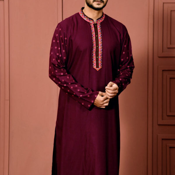 Maroon Jacquard Cotton Printed & Hand Embroidered Panjabi (Copy)