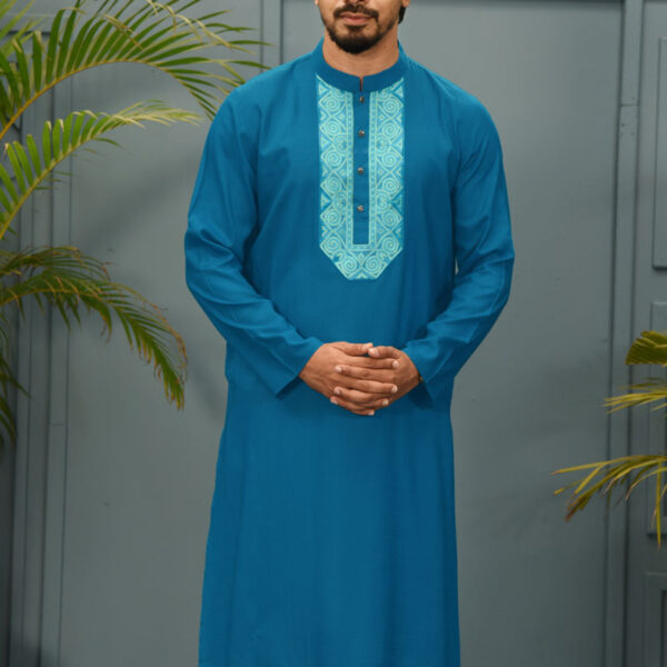 Peacock Blue Cotton Printed & Hand Embroidered Panjabi (Copy) (Copy)